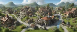A busy surrealist market in a beautiful sunny countryside scene with distant hills & fields, many conjoining intricate characterful dwellings (each with a Solar Panel or small wind turbine on each roof) & a clock-house. Many pathways & walkways, stairways & staircases, bridges, waterfalls & a waterwheel : ultra high detail, photorealistic, epic cinematic, 8K, Large depth of field