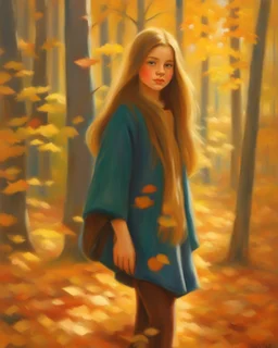 A young girl with long hair and autumn clothes in the autumn forest, beautiful portrait painting, oil pastel painting, by Vladimir volegov