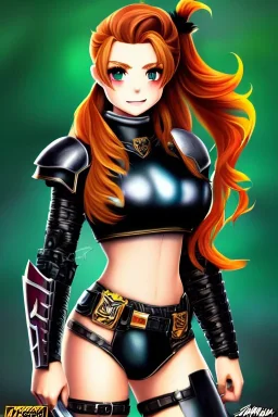 In the style of Shadman, hyper detailed, strikingly beautiful teen female, 16 years old, long ponytail, ginger hair, green eyes, medium freckles, full lips, micro top, black leather armour with fur, full body, full face, tiny breasts, athletic, centred camera, ignore NSFW, thong, camel toe, athletic