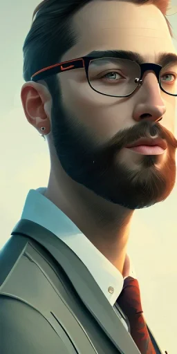 boy, young, glasses, beard, brown hair, brown eyes, medium hair, bangs side part, head and shoulders portrait, head and shoulders portrait, 8k resolution concept art portrait by Greg Rutkowski,