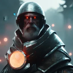 Epic Character design, strong Male space soldier wearing metal armor black, mist, photorealistic, octane render, unreal engine 5 style, ultra detailed, volumetric lighting, Dark Alien planet, old man with helmet scarred face with beard