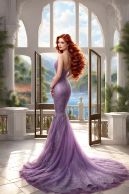 elegance, beautiful woman, 18 years old,front view, tiny, luxuriant, center, single luxuriant purple dress, red hair, render indoor palm, white background,32k, ultra high definition,realistic, white background, clipart, thomas kinkade, blushing, masterpiece, unique, breathtaking, Best Artist, Cinematography, Soft Lighting, Cute and well loved, Creative, Ultra detailed