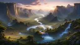 view from a level plateau of paradise scene with rivers, lakes, lush forests, plateaus, valleys, low mountains, hills, and a waterfall, at dusk