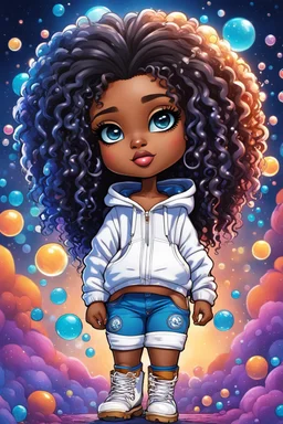 Create an colorful psychedelic comic book illustration of a chibi cartoon black female thick curvy wearing a cut of blue and white hoodie and white jeans and timberland boots. Prominent make up with long lashes and hazel eyes. Highly detailed shiny sister locs. Background of a large bubbles all around her