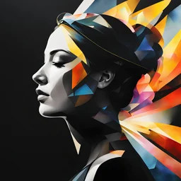 a woman's profile in black superimposed on a small limited abstract geometric sunlight on a black background, professional digital painting, large ribbons painted with vibrant watercolor paint made with short wide brushstrokes