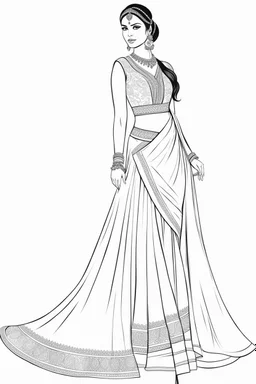 Coloring page for adults of a elegant fashion model woman wearing hindi dress, dynamic poses, full body portrait, thick and clean lines, clean details, no-color, no-turban, no-background, non color, non shading, no-grayscale, dynamic poses, full body portrait, thick and clean lines, clean details, no-color, no-turban, , non background, non color, non shading, no-grayscale, no color hair