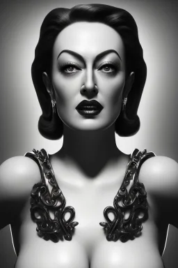 Joan Crawford as evil queen in black leather, busty, cleavage, dominatrix, curvy, angry, stern look. unreal 5, octane render, cinema4d, dynamic lighting, dramatic lighting, 4k, redshift render, highly detailed, hyper realistic,anthropomorphic