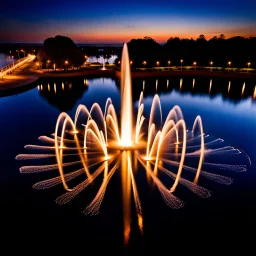 camera captures from above,Create a scene where 16 fountains in a small sea shoot water jets in the shape of a love symbol, creating beautiful splashes in the water.