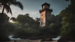 Photoreal magnificent shot from below the azure water surface of the sea of a gargantuan enormous towering medieval light house on an exotic caribbean jungle island at mid-summer golden hour by lee jeffries, otherworldly creature, in the style of fantasy movies, photorealistic, shot on Hasselblad h6d-400c, zeiss prime lens, bokeh like f/0.8, tilt-shift lens 8k, high detail, smooth render, unreal engine 5, cinema 4d, HDR, dust effect, vivid colors