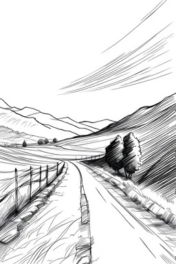 sketch Two-wheeled riding path next to a road that passes by the mountain