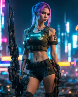 Sci-fi slim Ukrainian girl with big breasts in military t-shirt and shorts with slim trousers action a sniper rifle with neon lights of Japan's cyberpunk night city in the background