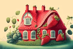 House illustration, realistic, detailed, illustrative, childrenbook style, Red house, strawberry plants