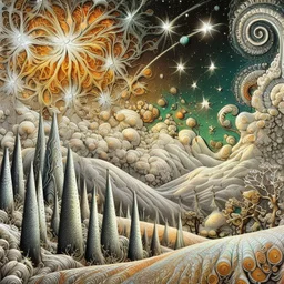 Vibrant, whimsical Mandelbrot fractal, winterly Tuscany landscape with frosted cypress trees, mountains, one single shooting star between clouds of silver and gold, richly textured acrylic ink and charcoal line art, in a zentangle style mix, blending Amanda Clark's fantastical elements and Catrin Welz-Stein's intricate details with Eyvind Earle's subtle earth tones and Georges Braque's bold geometri