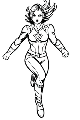 outline art for real Avengers Captain Marvel running Coloring page, Japanese manga style, cartoon style, cute face, white background sketch style, full body is a must, only use an outline, clean line art, no shadow, bold outline