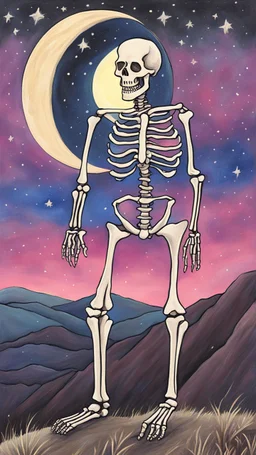 A pastel painting of a skeleton on a hilllookin into the night sky. A nebular in the sky. Painting. Purple colours. Blue colours. Colorful.Pastel colours. Masterpiece.