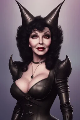 Joan Collins as evil queen in black leather, leather, busty, cleavage, angry, stern look. character design by cory loftis, fenghua zhong, ryohei hase, ismail inceoglu and ruan jia. unreal engine 5, artistic lighting, highly detailed, photorealistic, fantasy