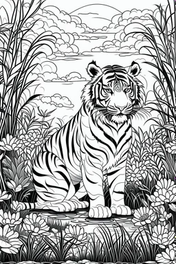 Outline art, tiger in the garden, cartoon style, black and white, low detail, no shading, --ar 9:11