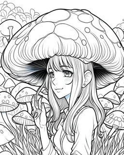 black and white digital art, kawaii anime style mushroom – human adult, mining action pose outdoors, realistic, outlined art, line art, adult coloring book no border