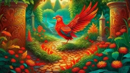 Magical slavic garden with lush greenery and a beautiful stone winding path. There is only one creature the Firebird. The feathers of the Firebird are vibrant red, orange, and gold, each one glowing with an otherworldly brilliance.