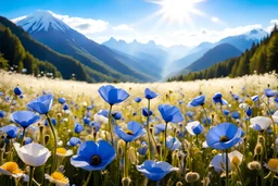 beautiful field with amazing blue poppy of Japan, white or blue light effects colors, magic sun with sun’s rays, realistic, magnificent blue poppies , very detailed, white or blue mountains in the background, high contrast, 8k, high definition, realistic, concept art, sharp focus
