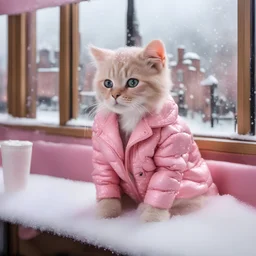 Pastel pink baby cat wearing glitter pink jacket sitting in a cafe , pink luxury cafe theme , window open with a london snowy view, realistic art, highly detailed , snow falling, shot with Sony Alpha a9 Il and Sony FE 200-600mm f/5.6-6.3 G OSS lens, natural ligh, hyper realistic photograph, ultra detailed -ar 1:1 —q 2 -s 75