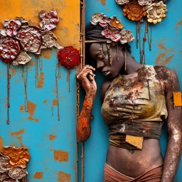 an abstract painting of rusted metal and flowers, african bridal portrait, rust, scaffolding, iron cladding, decay, mixed media, textured, anatomically correct, beautiful perfect face, sharp focus, highly detailed,new york slums, apartment building ,rundown, realistic, unity engine, bloom,cinematic lighting,blue tone, octane render,