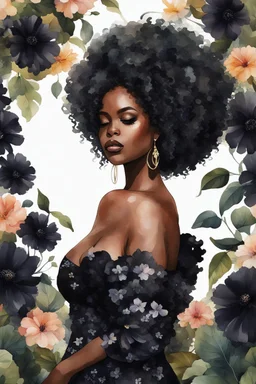 Create an watercolor image of a curvy black female wearing a black off the shoulder blouse and she is looking down with Prominent makeup. Highly detailed tightly curly black afro. Background of large black flowers surrounding her