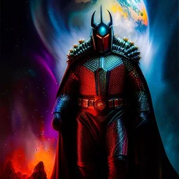 Ultra detailed fullbody Portrait in oil on canvas of Nebula Villain with armor,intense stare,extremely detailed digital painting, extremely detailed face,crystal clear Big eyes, mystical colors ,perfectly centered image, perfect composition, rim light, beautiful lighting,masterpiece,8k, stunning scene, raytracing, anatomically correct, in the style of robert e howard and Ken Kelley and Ohrai Noriyoshi and Simon Bisley and tomzj1