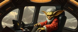 portrait of researcher slender alien rich hill troll drow elf hill billy fluffy captain pilot in high tower chair focus controlling flight stick in deep action, gremlin cyber punk with crew members, in sci fi air ship waiting hall, in future dynasty, painted by Rembrandt