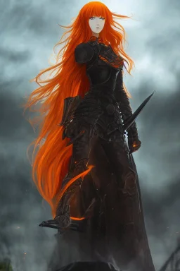 Dark Paladin, orange hair, orange eyes, standing in front of dark castle, Female, similar to berserk