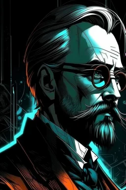 Best quality, masterpiece, ultra high definition,Futuristic, cyberpunk, Friedrich Nietzsche,Comic style