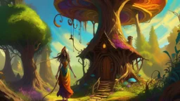 A slender, witchy woman in a flowing, colourful, wispy dress, holding a long, twisted staff, standing outside a gnarly, ancient, large mushroom house built into a tree, surrounded by lush, vibrant, Pandora-like woodland, on a bright, sunny day, with warm, golden light.