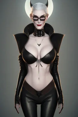 Carmen Dell`orifice as evil queen in black leather, leather, busty, cleavage, angry, stern look. character design by cory loftis, fenghua zhong, ryohei hase, ismail inceoglu and ruan jia. unreal engine 5, artistic lighting, highly detailed, photorealistic, fantasy