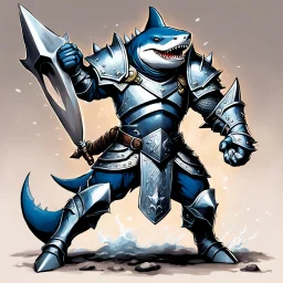 A hero with the head of a great shark from AD&D, encased in gleaming plate armor. His heavily armored fists capable of delivering devastating punches that can shatter mountains.