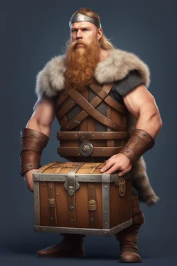 viking holding a treasure chest realistic style