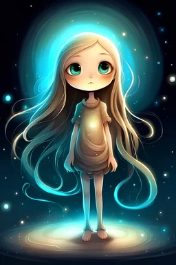 Weibliches kleines Lichtwesen für einen Jugend-Fantasy-Roman, sehr lange Haare, Wesen aus Sternenstaub und Licht, Licht des Lebens, ganzer Körper, lieblich, rundes Gesicht, große Augen