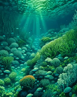 A bluish green underwater coral reef with globs painted by Henri-Robert Bresil