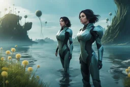 young woman in an android suit with dark hair, standing on the shore of an alien sea. Floating forests with dandelion tops in the distance