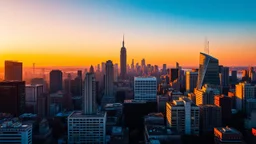 reate a vibrant cityscape in the golden hour with warm and golden tones to show the skyline. The building should cast long shadows and The sky should have a soft gradient which can be anything from pink to orange.