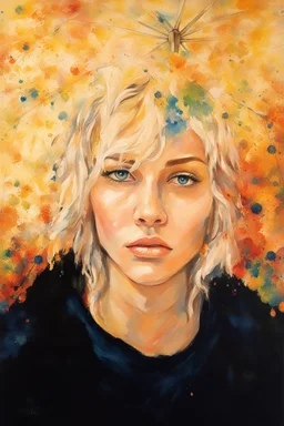 acrylic portrait of a woman, lush hair, rain, flowers, umbrella, autumn, paint blots, splashes, tears, plants, yellow, blue, green, orange colors