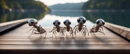 close up on dented glowing ghost transparent ant skeleton rat babies in fast boat with googly eyes, raised by ninja necromancer in the wild, on wooden bridge by lake in surreal reflecting stone chrome landscape, background motion blur, volume light