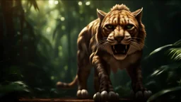 Huge sabre-toothed cat in the jungle with intricately detailed face, professional photography, bokeh, a breathtaking background cinematic side light, wide shot shot on dslr 64 megapixels sharp focus, canon lens, Hyperrealistic, concept art, 16k resolution