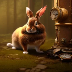 Forest in steampunk rabbit, extremely detailed, UHD, 8k,The close-up camera effect,sharp focus,perfect,position,hyperphotorealistic