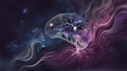 abstract 2d digital art graphic and ink montage,. galaxy in background with nebulas, pale silver gray human nervous system with fade little lights , dark purple, white-dark blue-pale gray and black colors, stunning composition with strange surreal vibe, emotional, abstractions, neurodivergens soul and mind, cinematic, thriller, four little human dark shilouette floatings in universum