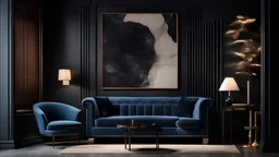 Blue sofa and armchair against black paneling wall. Art deco home interior design of modern living room.