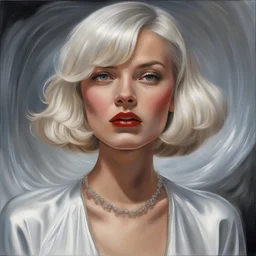 Portrait of a beautiful modern young woman, nice glossy dark red zipped lips, bob cut blonde-silver hair flowing like water, wearing jewelries, white designer dress, standing, masterpiece, hyper realistic, highly detailed, oil painting by Al Feldstein and Phillipp Weber