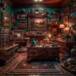 Diorama of old stuff in a room, sharp focus, 8k, 3d, very detailed, volumetric light, grim, fine art, very colorful, ornate, 35mm, F/2.8, insanely detailed and intricate, hypermaximalist, super detailed, decadent