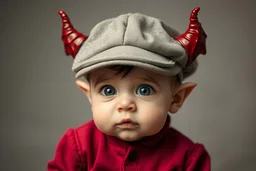 Cute baby demon with horns wearing a newsboy cap