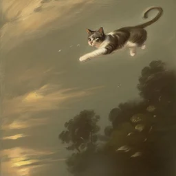 Cat flying , in Mary Vaux Walcott and John Constable style