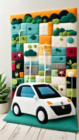 felt art patchwork depict charging electric car